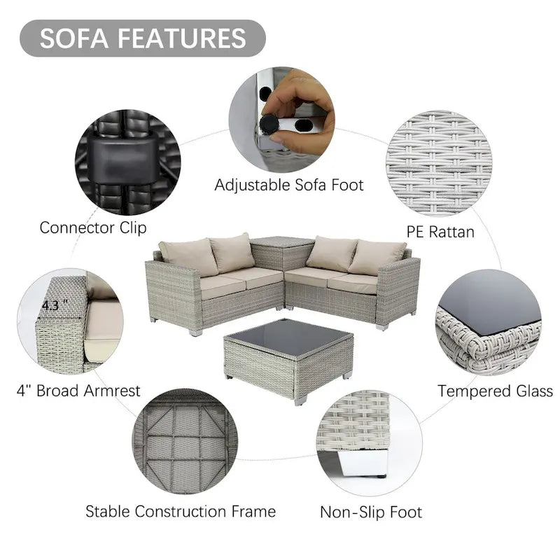 Ensemble de canapé d'angle d'extérieur 4 pièces en résine tressée PE tressée à la main, avec coussins et coffre de rangement