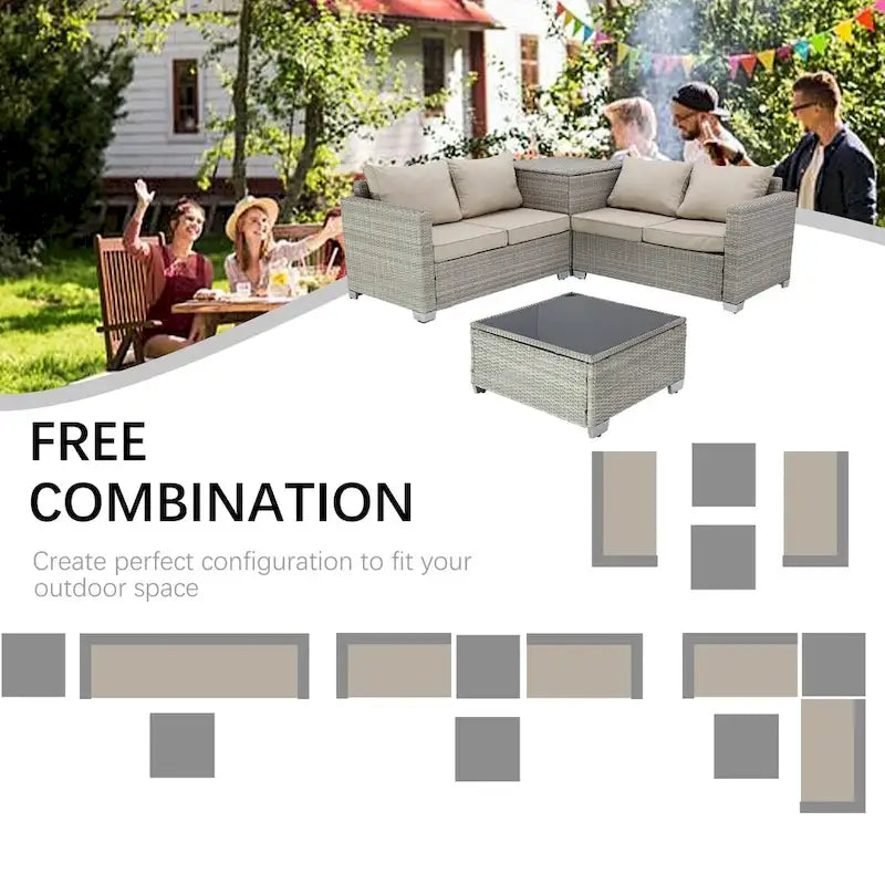 Ensemble de canapé d'angle d'extérieur 4 pièces en résine tressée PE tressée à la main, avec coussins et coffre de rangement