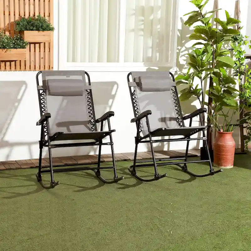 Ensemble de 2 fauteuils à bascule d'extérieur, pliables, avec appuie-têtes, pour jardin, terrasse ou patio.