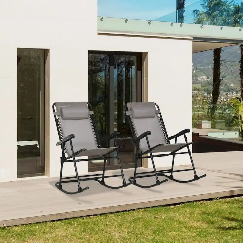 Ensemble de 2 fauteuils à bascule d'extérieur, pliables, avec appuie-têtes, pour jardin, terrasse ou patio.