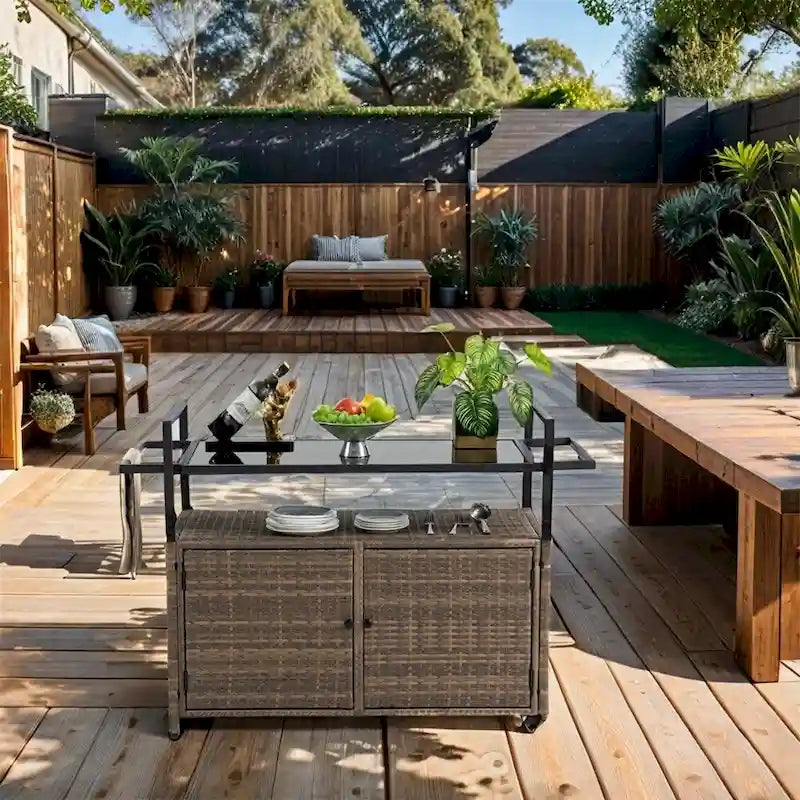 Chariot de bar d'extérieur en osier, chariot de service à vin de terrasse avec roulettes
