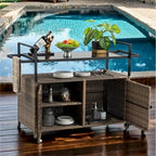 Outdoor Wicker Bar Cart,Patio Wine Serving Cart w/Wheels, Rolling