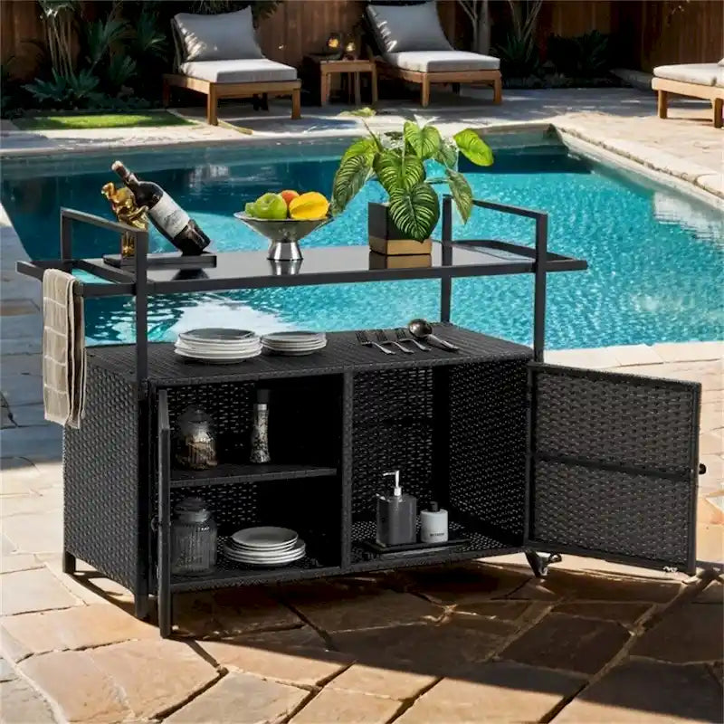 Chariot de bar d'extérieur en osier, chariot de service à vin de terrasse avec roulettes