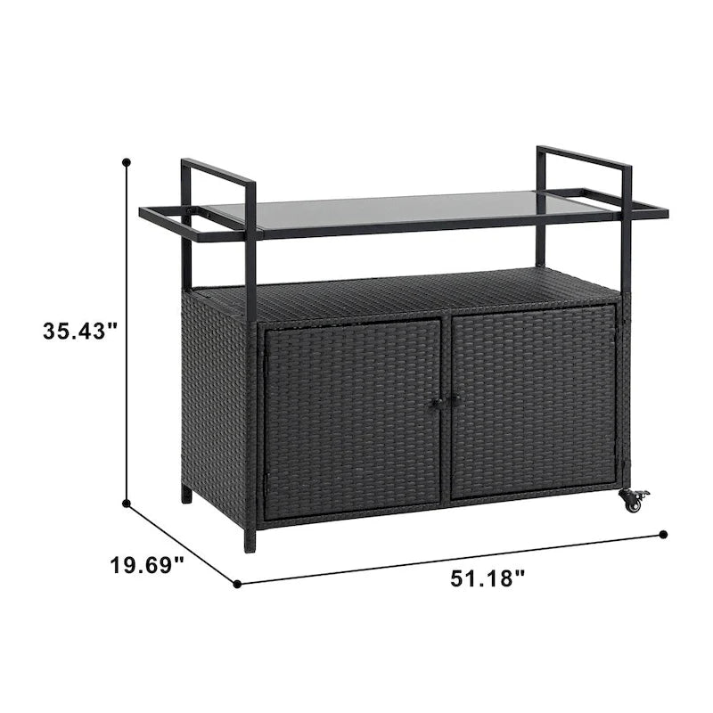 Chariot de bar d'extérieur en osier, chariot de service à vin de terrasse avec roulettes