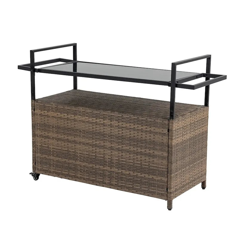 Chariot de bar d'extérieur en osier, chariot de service à vin de terrasse avec roulettes