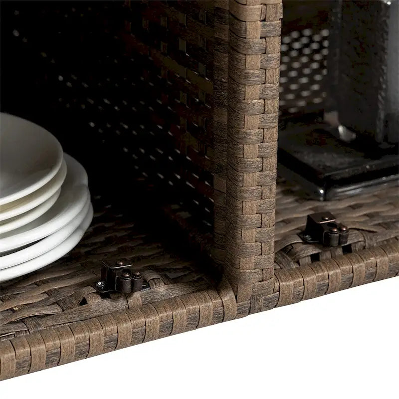 Chariot de bar d'extérieur en osier, chariot de service à vin de terrasse avec roulettes