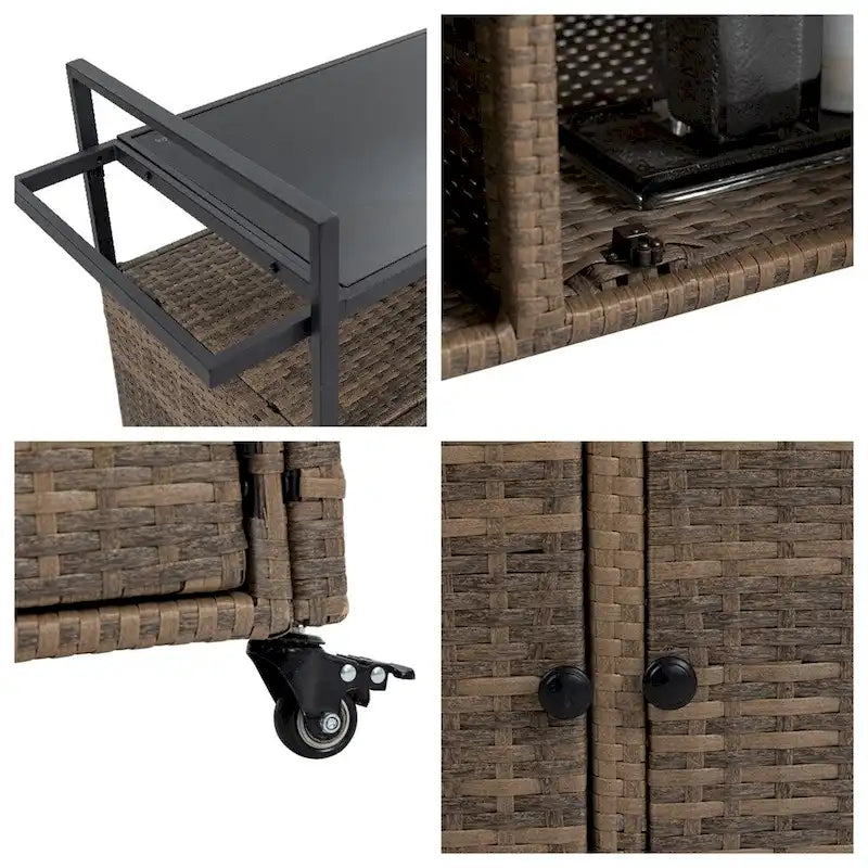 Chariot de bar d'extérieur en osier, chariot de service à vin de terrasse avec roulettes