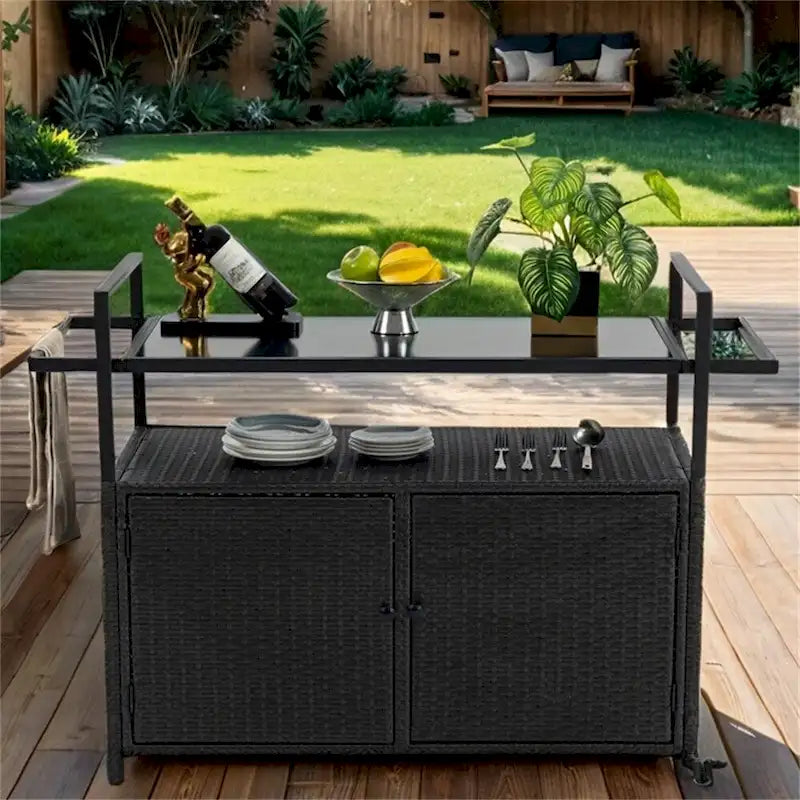 Chariot de bar d'extérieur en osier, chariot de service à vin de terrasse avec roulettes