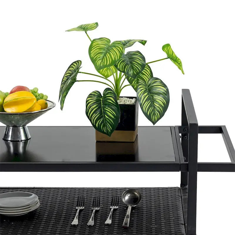 Chariot de bar d'extérieur en osier, chariot de service à vin de terrasse avec roulettes