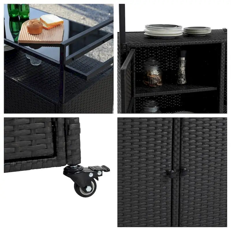 Chariot de bar d'extérieur en osier, chariot de service à vin de terrasse avec roulettes