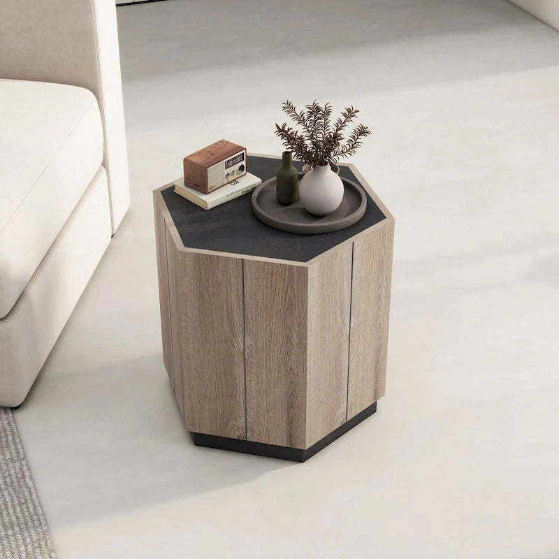 Table d'angle/table de chevet hexagonale Oaks Aura, style champêtre rétro, avec tiroir, finition chêne texturé noir et chaleureux.