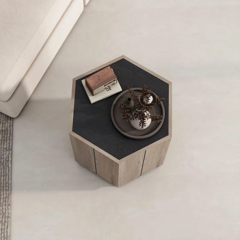 Table d'angle/table de chevet hexagonale Oaks Aura, style champêtre rétro, avec tiroir, finition chêne texturé noir et chaleureux.