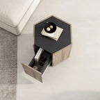 Table d'angle/table de chevet hexagonale Oaks Aura, style champêtre rétro, avec tiroir, finition chêne texturé noir et chaleureux.