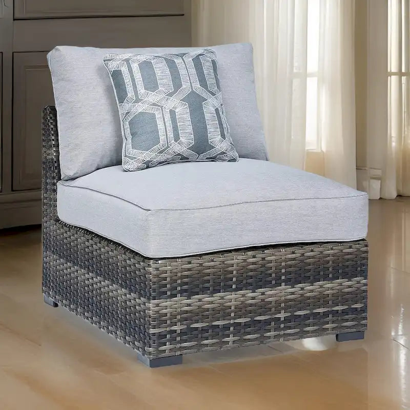 Saki 35 Inch Outdoor Armless Chair Set of 2 with 2 Pillows, Wicker, Gray