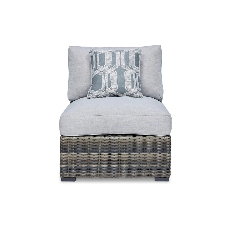 Ensemble de 2 chaises d'extérieur sans accoudoirs Saki de 89 cm (35 pouces) avec 2 coussins, en osier gris