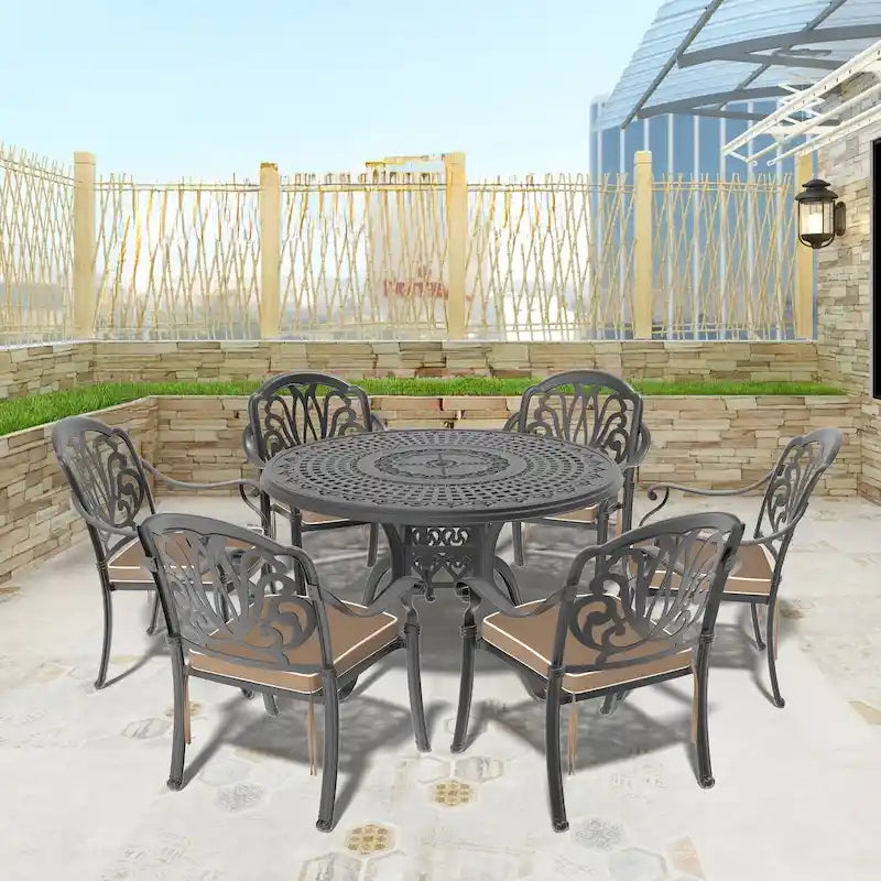 Ensemble de salle à manger d'extérieur en fonte d'aluminium 5/7 pièces avec table ronde de 120 cm et coussins de siège de couleur aléatoire