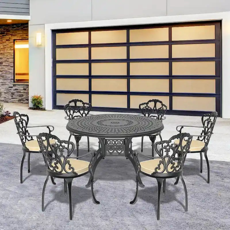 Ensemble de salle à manger d'extérieur en fonte d'aluminium 5/7 pièces avec table ronde de 120 cm et coussins de siège de couleur aléatoire