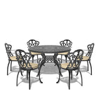 Ensemble de salle à manger d'extérieur en fonte d'aluminium 5/7 pièces avec table ronde de 120 cm et coussins de siège de couleur aléatoire