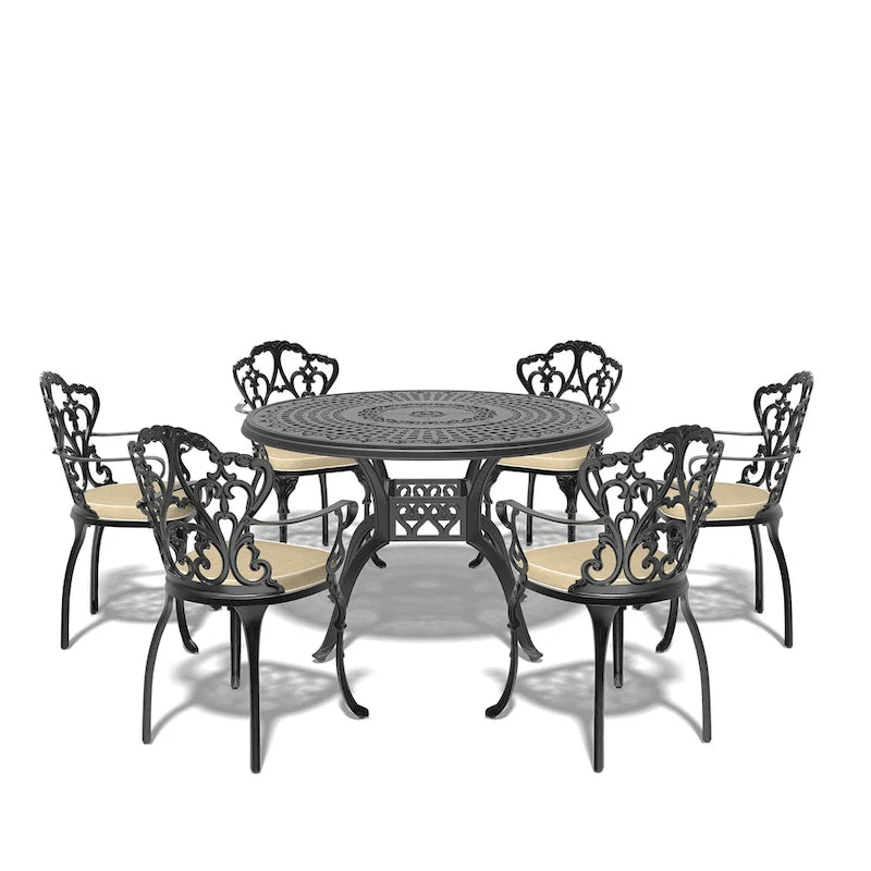 Ensemble de salle à manger d'extérieur en fonte d'aluminium 5/7 pièces avec table ronde de 120 cm et coussins de siège de couleur aléatoire