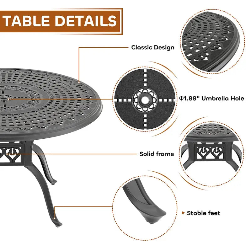 Ensemble de salle à manger d'extérieur en fonte d'aluminium 5/7 pièces avec table ronde de 120 cm et coussins de siège de couleur aléatoire