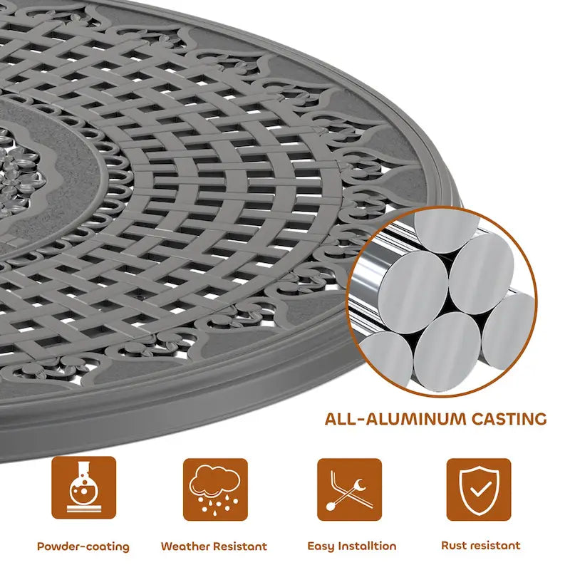 Ensemble de salle à manger d'extérieur en fonte d'aluminium 5/7 pièces avec table ronde de 120 cm et coussins de siège de couleur aléatoire