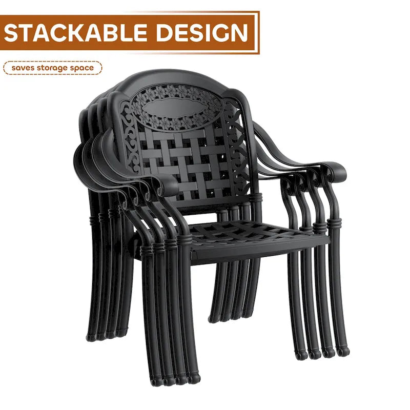 Ensemble de salle à manger d'extérieur en fonte d'aluminium 5/7 pièces avec table ronde de 120 cm et coussins de siège de couleur aléatoire