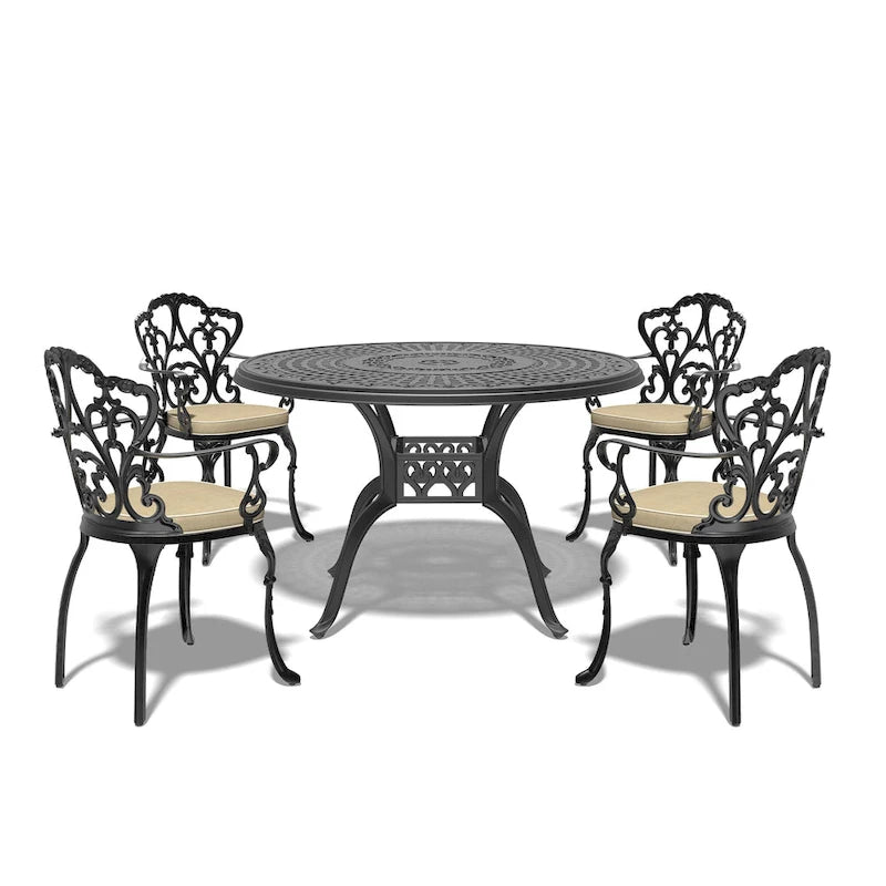 Ensemble de salle à manger d'extérieur en fonte d'aluminium 5/7 pièces avec table ronde de 120 cm et coussins de siège de couleur aléatoire