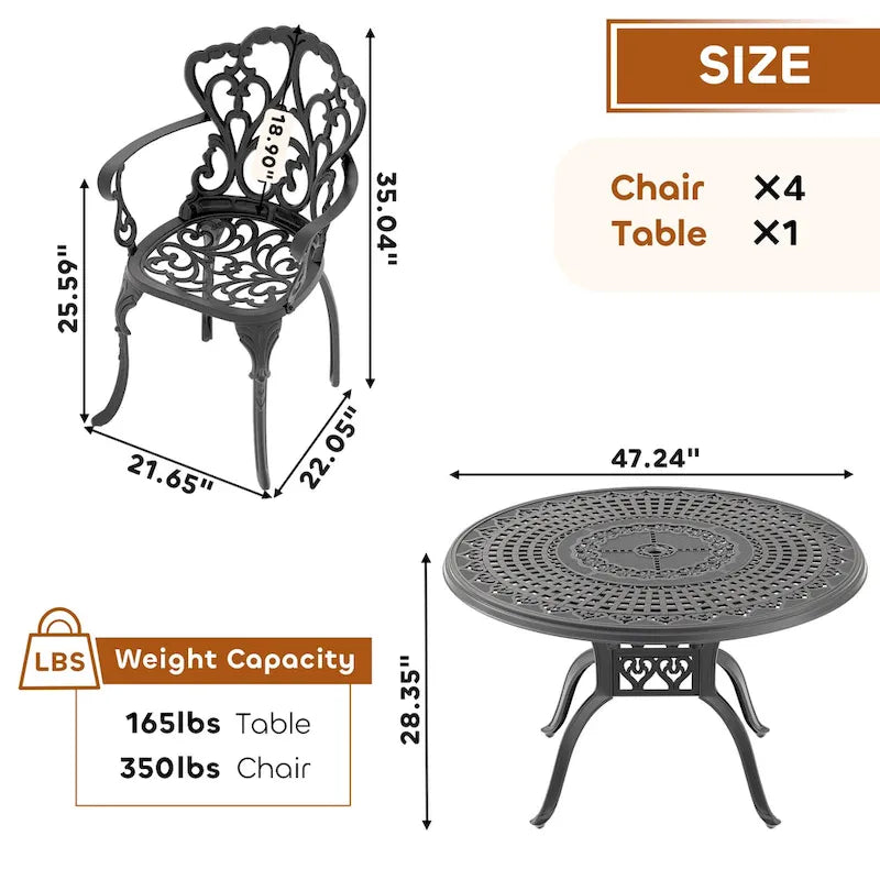 Ensemble de salle à manger d'extérieur en fonte d'aluminium 5/7 pièces avec table ronde de 120 cm et coussins de siège de couleur aléatoire