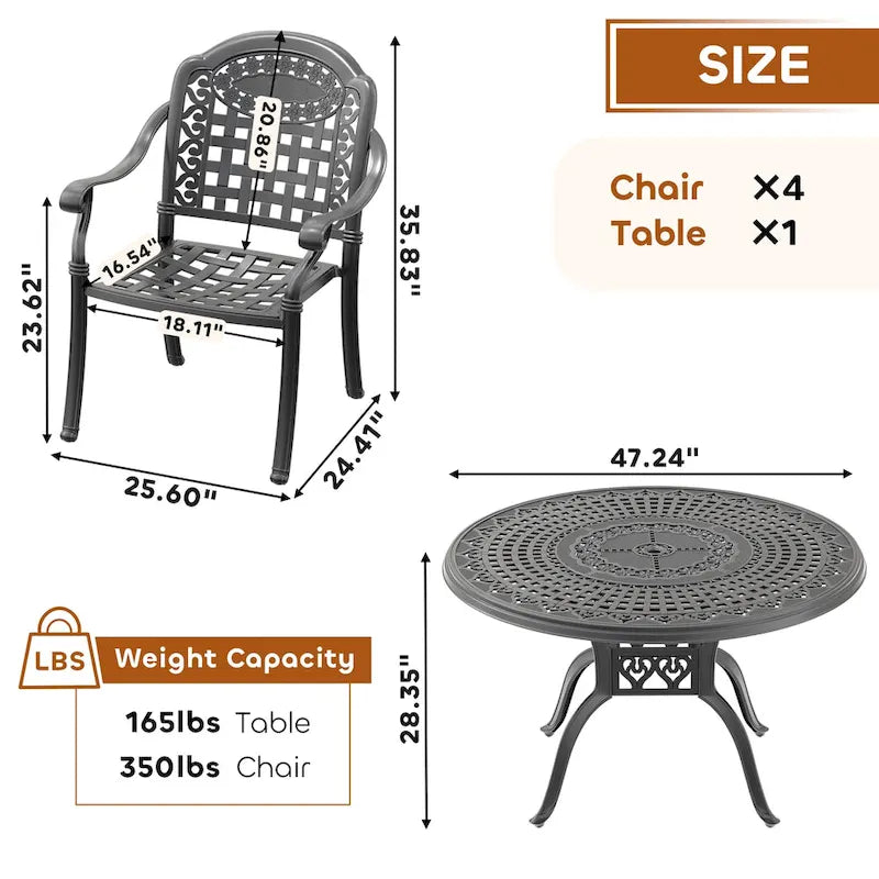 Ensemble de salle à manger d'extérieur en fonte d'aluminium 5/7 pièces avec table ronde de 120 cm et coussins de siège de couleur aléatoire