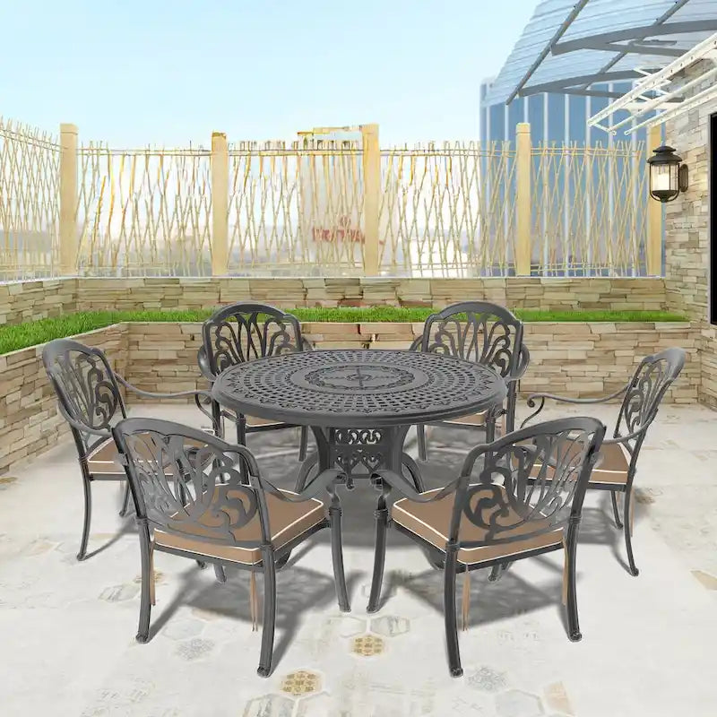 Ensemble de salle à manger d'extérieur en fonte d'aluminium 5/7 pièces avec table ronde de 120 cm et coussins de siège de couleur aléatoire