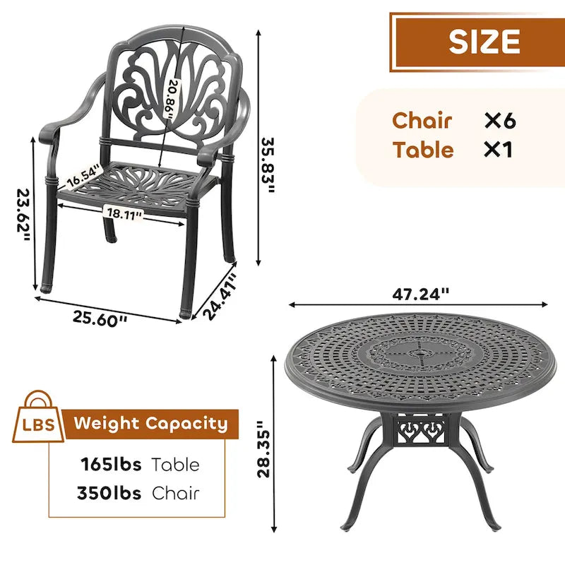 Ensemble de salle à manger d'extérieur en fonte d'aluminium 5/7 pièces avec table ronde de 120 cm et coussins de siège de couleur aléatoire