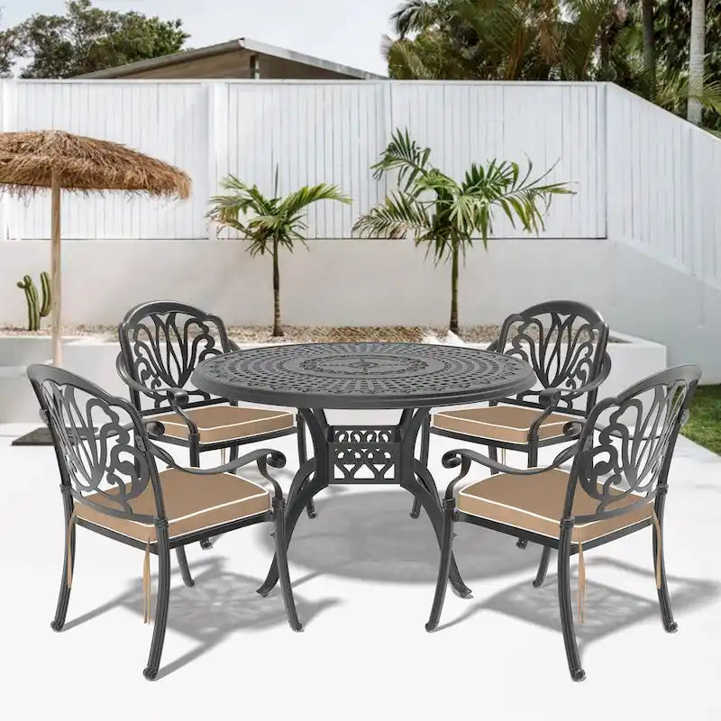 Ensemble de salle à manger d'extérieur en fonte d'aluminium 5/7 pièces avec table ronde de 120 cm et coussins de siège de couleur aléatoire