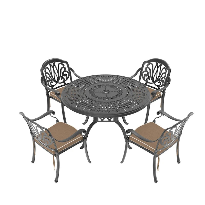 Ensemble de salle à manger d'extérieur en fonte d'aluminium 5/7 pièces avec table ronde de 120 cm et coussins de siège de couleur aléatoire