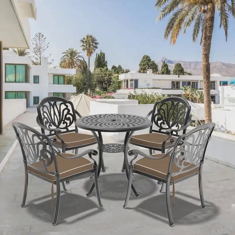 Ensemble de salle à manger d'extérieur 3 ou 5 pièces en fonte d'aluminium avec table ronde de 78 cm et coussins de couleur aléatoire