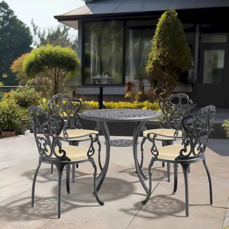 Ensemble de salle à manger d'extérieur 3 ou 5 pièces en fonte d'aluminium avec table ronde de 78 cm et coussins de couleur aléatoire