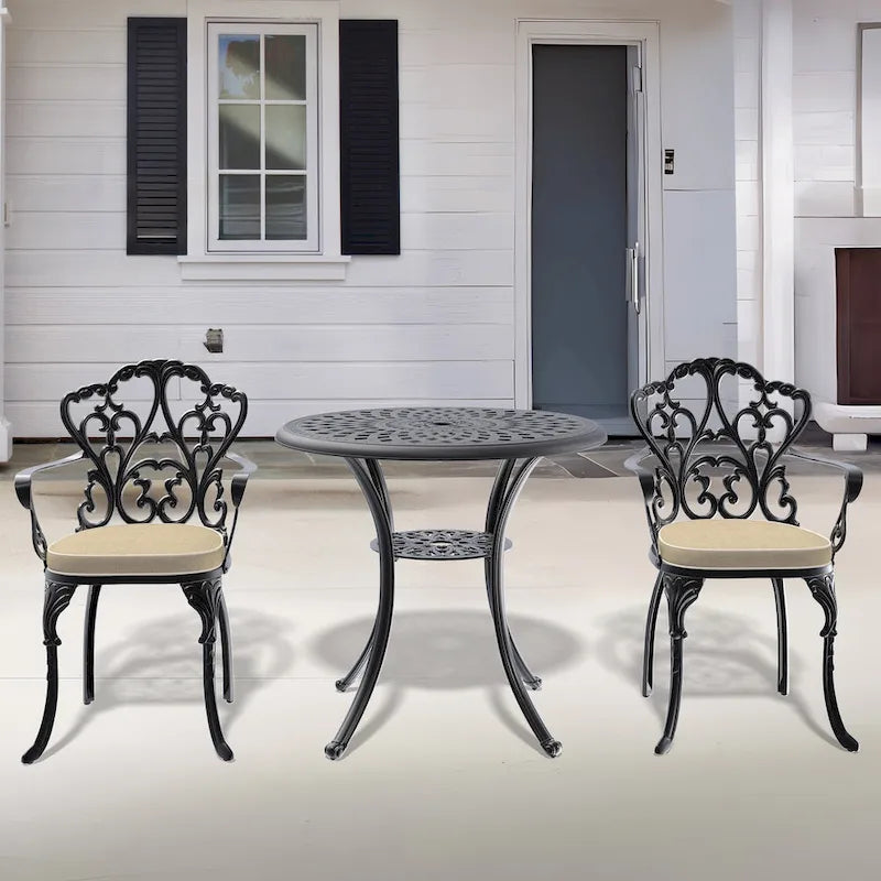 3/5-Piece Cast Aluminum Outdoor Dining Set with 30.71 in. Round Table and Random Color Cushions