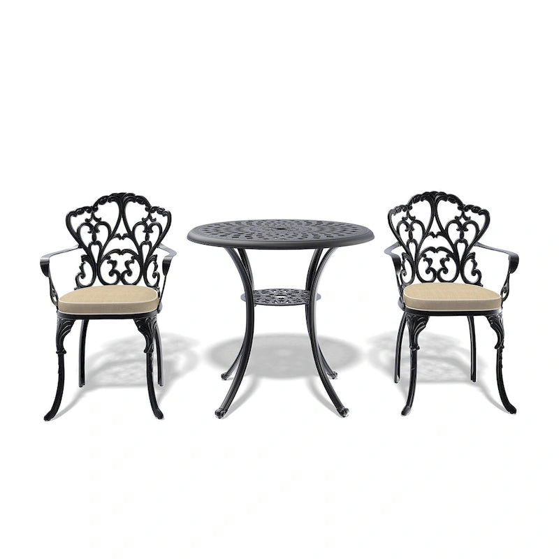 Ensemble de salle à manger d'extérieur 3 ou 5 pièces en fonte d'aluminium avec table ronde de 78 cm et coussins de couleur aléatoire