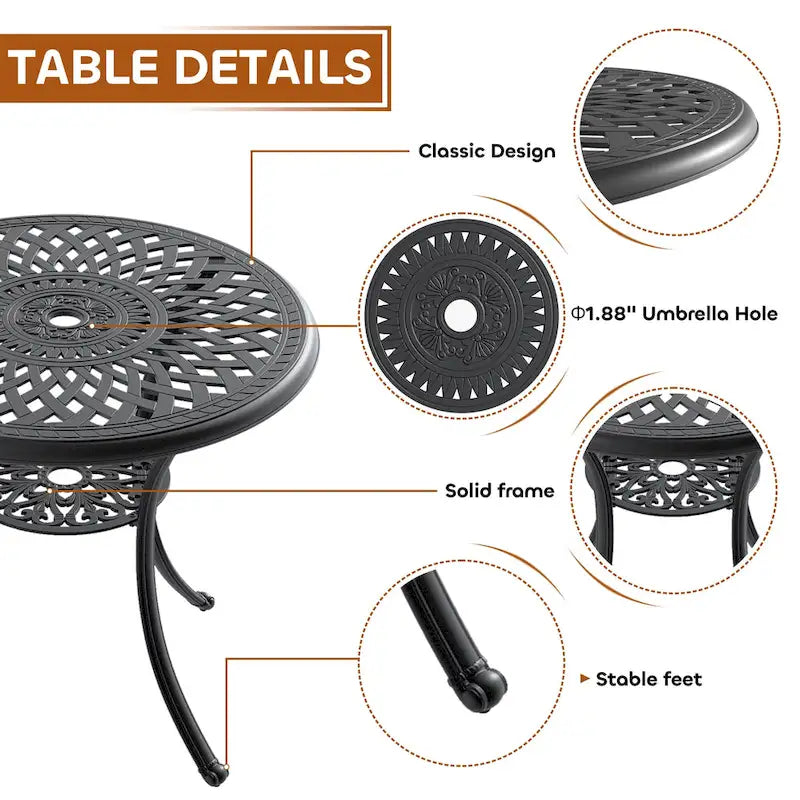 Ensemble de salle à manger d'extérieur 3 ou 5 pièces en fonte d'aluminium avec table ronde de 78 cm et coussins de couleur aléatoire