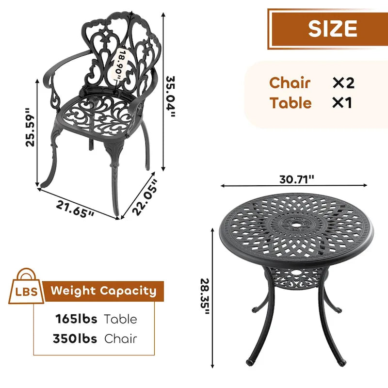 Ensemble de salle à manger d'extérieur 3 ou 5 pièces en fonte d'aluminium avec table ronde de 78 cm et coussins de couleur aléatoire