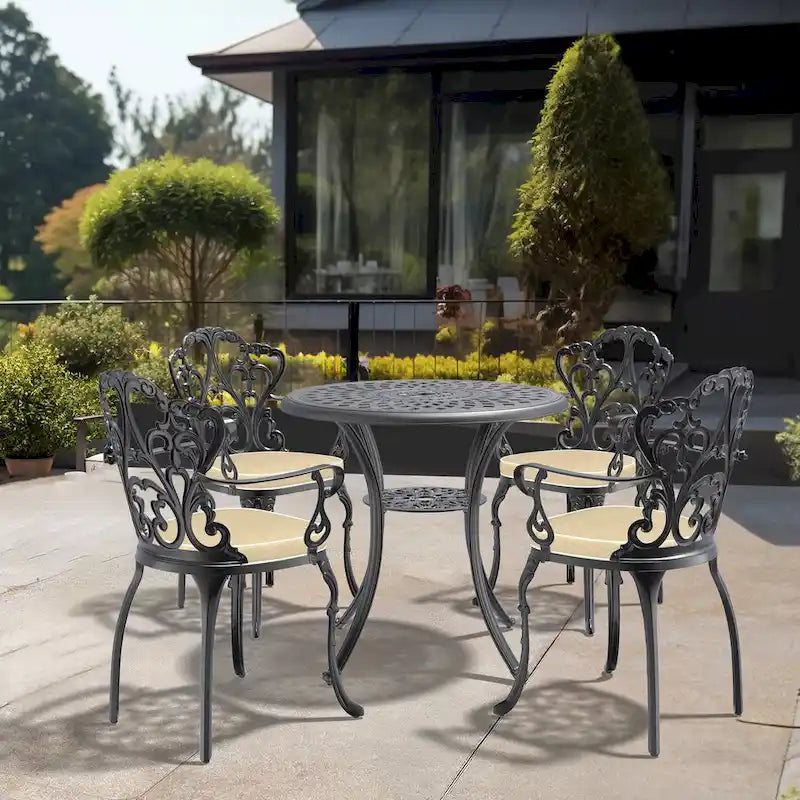 Ensemble de salle à manger d'extérieur 3 ou 5 pièces en fonte d'aluminium avec table ronde de 78 cm et coussins de couleur aléatoire