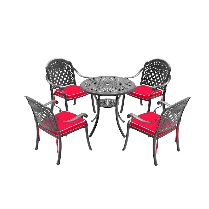 Ensemble de salle à manger d'extérieur 3 ou 5 pièces en fonte d'aluminium avec table ronde de 78 cm et coussins de couleur aléatoire