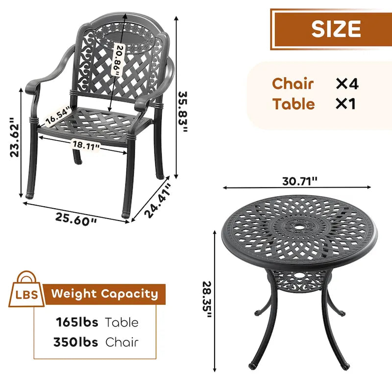 Ensemble de salle à manger d'extérieur 3 ou 5 pièces en fonte d'aluminium avec table ronde de 78 cm et coussins de couleur aléatoire