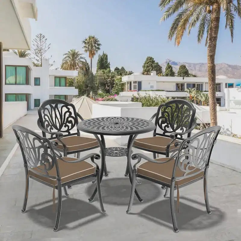 Ensemble de salle à manger d'extérieur 3 ou 5 pièces en fonte d'aluminium avec table ronde de 78 cm et coussins de couleur aléatoire