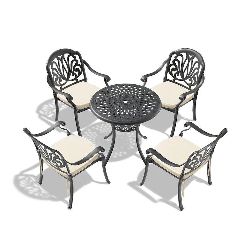 Ensemble de salle à manger d'extérieur 3 ou 5 pièces en fonte d'aluminium avec table ronde de 78 cm et coussins de couleur aléatoire