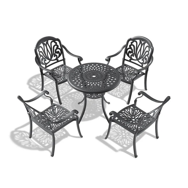 Ensemble de salle à manger d'extérieur 3 ou 5 pièces en fonte d'aluminium avec table ronde de 78 cm et coussins de couleur aléatoire