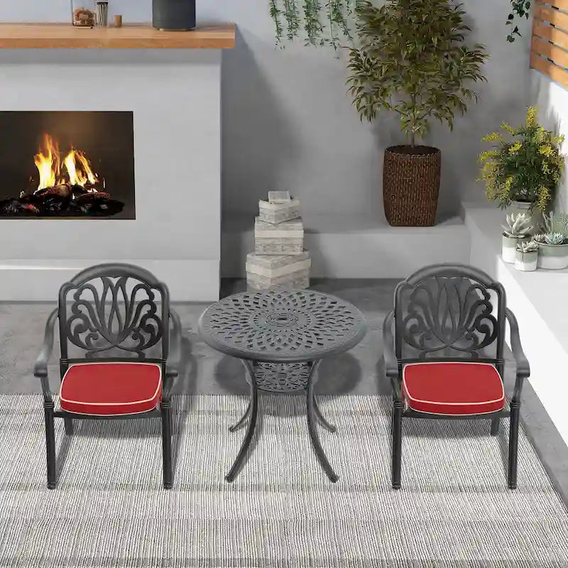 Ensemble de salle à manger d'extérieur 3 ou 5 pièces en fonte d'aluminium avec table ronde de 78 cm et coussins de couleur aléatoire