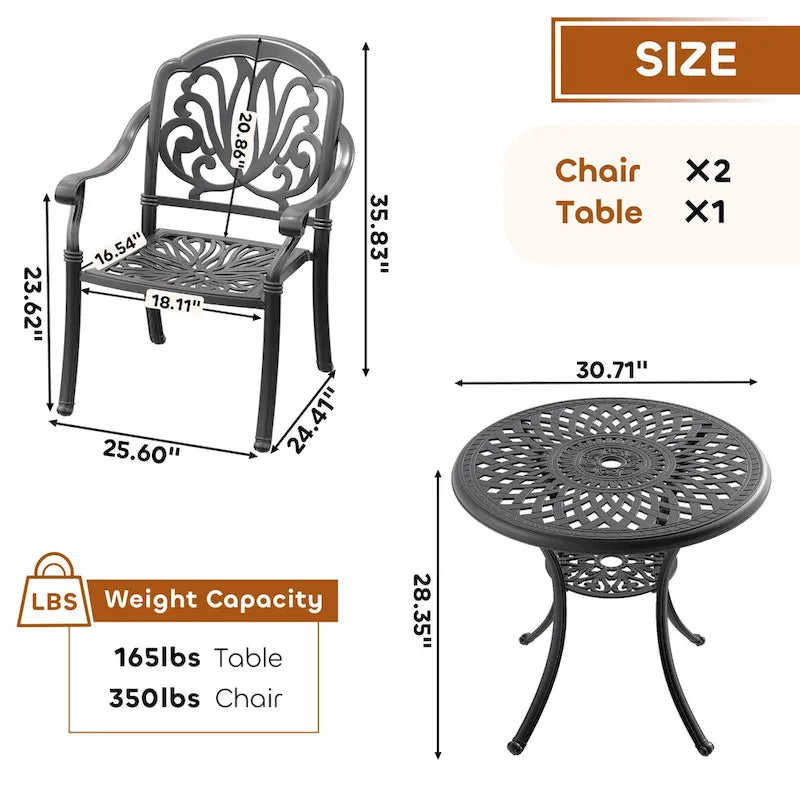 Ensemble de salle à manger d'extérieur 3 ou 5 pièces en fonte d'aluminium avec table ronde de 78 cm et coussins de couleur aléatoire