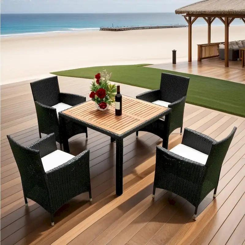 5 piece Outdoor Patio Wicker Dining Set Patio Wicker Furniture Dining Set w/Acacia Wood Top