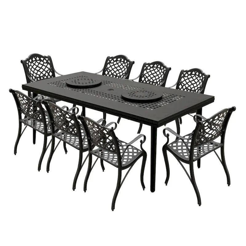 Modern Ornate Outdoor Mesh Aluminum 84-in Large Rectangular Patio Dining Set with Two Lazy Susans and Eight Chairs - N/A