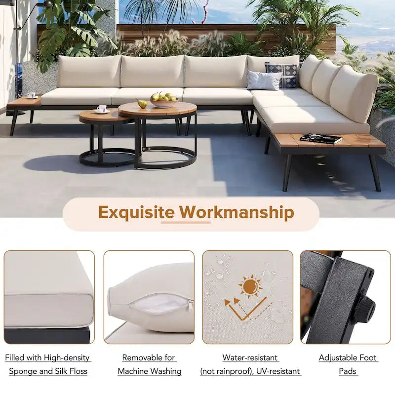 Ensemble de canapé de patio moderne 6 pièces avec tables basses gigognes - Beige, bois d'acacia et rotin PE